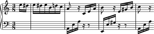 
\version "2.14.2"
\header {
  tagline = ##f
}
upper = \relative c'' {
  \clef treble 
  \key a \minor
  \time 3/8
  \tempo 4 = 72
  %\autoBeamOff
  \set Staff.midiInstrument = #"piano"
   
   \partial 8 e16 dis e dis e b d! c a8 r16
   c,16 e a b8 r16 e, gis b c8 r16
}

lower = \relative c' {
  \clef bass
  \key a \minor
  \time 3/8
  \set Staff.midiInstrument = #"piano"

   s8 s4.
   a,16 e' a r16 r8 e,16 e' gis r16 r8 a,16[ e' a]
    
}

\score {
  \new PianoStaff <<
    \set PianoStaff.instrumentName = #""
    \new Staff = "upper" \upper
    \new Staff = "lower" \lower
  >>
  \layout {
    \context {
      \Score
      \remove "Metronome_mark_engraver"
    }
  }
  \midi { }
}
