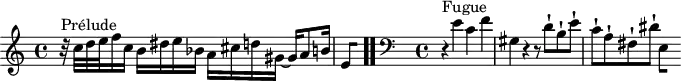 
\version "2.18.2"
\header {
  tagline = ##f
}

\score {
  \new Staff \with {
%fontSize = #-2
  }
<<
  \relative c'' {
    \key a \minor
    \time 4/4

     %% INCIPIT CBT II-20, BWV 889, la mineur
      r32^\markup{Prélude} c32 d e f16 c b16 dis e bes a cis d gis,~ gis a8 b16 | \once \override Staff.TimeSignature #'stencil = ##f \time 2/8
{ 
 % suppression des warnings :
 #(ly:set-option 'warning-as-error #f)
 #(ly:expect-warning (_ "stem does not fit in beam")) %% <= à traduire éventuellement
 #(ly:expect-warning (_ "beam was started here")) %% <= à traduire éventuellement
  \set stemRightBeamCount = #1
  e,4*1/2[ s]
} \bar ".."

     \skip 8*1
     %\once \override Staff.Clef.full-size-change = ##t
     \relative c' 
     \override Staff.Clef.extra-offset = #'( -1 . 0 )
    \time 4/4 \clef bass
     \partial 1
     r4^\markup{Fugue} e4 c f gis, r4 r8 d'8-! b-! e-! c-! a-! fis-! dis'-! 
{ 
 % suppression des warnings :
 #(ly:set-option 'warning-as-error #f)
 #(ly:expect-warning (_ "stem does not fit in beam")) %% <= à traduire éventuellement
 #(ly:expect-warning (_ "beam was started here")) %% <= à traduire éventuellement
  \set stemRightBeamCount = #1
  e,4*1/2[ s]
}

  }
>>
  \layout {
     \context { \Score \remove "Metronome_mark_engraver" 
     \override SpacingSpanner.common-shortest-duration = #(ly:make-moment 1/2) 
       }
  }
  \midi {}
}

