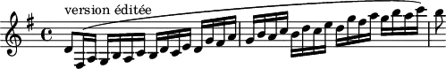 
\version "2.18.2"
\header {
  tagline = ##f
  % composer = "Mozart"
  % opus = ""
  % meter = "Allegro"
}

\score {
<<
  \relative c'' {
    \key g \major
    \time 4/4
    \tempo 4 = 110
    \override TupletBracket #'bracket-visibility = ##f 

     %%%%%%
     d,8^"version éditée" fis,16( a g b a c b d c e d g fis a g b a c b d c e d g fis a g b a c) b8

  }
>>
  \layout {
     #(layout-set-staff-size 17)
     \context { \Score \remove "Metronome_mark_engraver" 
     \override SpacingSpanner.common-shortest-duration = #(ly:make-moment 1/2)
     }
  }
  \midi { \set Staff.midiInstrument = #"clarinet" }
}
