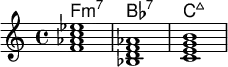 <<
\new ChordNames \chordmode {
f1:m7 bes:7 c:maj
}
\new Staff \relative c'{
< f aes c ees>1 <bes, d f aes > < c e g b> }
>>