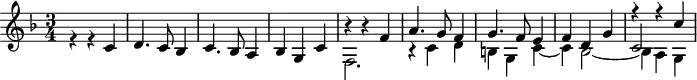 \version "2.18.2"
\header {
tagline = ##f
}
\score {
\new Staff \with {
}
<<
\relative c' {
\key f \major
\time 3/4
\tempo 4 = 128
\set Staff.midiInstrument = #"recorder"
%% Fischer, fa majeur
<< { s2.*8 f'4\rest f4\rest c4 } \\ { r4 r4 \stemUp c,4 | d4. c8 bes4 | c4. bes8 a4 | bes4 g c | \stemDown f,2. | r4 c'4 d | b g c~ c bes2~ bes4 a g } \\ { s2.*4 b'4\rest b4\rest f4 a4. g8 f4 g4. f8 e4 f d g c,2 } >>
}
>>
\layout {
\context { \Score \remove "Metronome_mark_engraver"
}
}
\midi {}
}