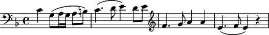 \header {
tagline = ##f
}
\score {
\new Staff \with {
}
<<
\relative c' {
\key f \major
\clef bass
\time 4/4
\tempo 4 = 80
\override TupletBracket #'bracket-visibility = ##f
%\autoBeamOff
\set Staff.midiInstrument = #"string ensemble 1"
\set Score.currentBarNumber = #31
\bar ""
%%% AB 5-2 th2
\partial 2. c4 g8( a16 g a8 b!) c4.( d8 e4) d8 e \clef treble f4. g8 a4 a e4.( f8 e4) r4
}
>>
\layout {
\context { \Score \remove "Metronome_mark_engraver"
}
}
\midi {}
}