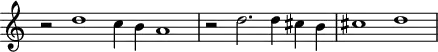 \header {
tagline = ##f
}
\score {
\new Staff \with {
\remove "Time_signature_engraver"
}
<<
\relative c'' {
\key c \major
%\clef bass
\time 3/1
\override TupletBracket #'bracket-visibility = ##f
%%% f° 2
r2 d1 c4 b a1 \time 4/2 r2 d2. d4 cis b cis1 d
}
>>
\layout {
\context { \Score \remove "Metronome_mark_engraver" }
}
\midi {}
}