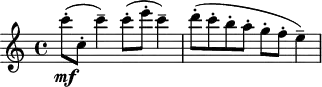 \header {
tagline = ##f
}
\score {
\new Staff \with {
}
<<
\relative c'' {
\key c \major
\time 4/4
\tempo 4 = 132
\override TupletBracket #'bracket-visibility = ##f
%\autoBeamOff
\set Staff.midiInstrument = #"string ensemble 1"
%%%%%%%%%%%%%%%%%%%%%%%%%% Appalachian
c'8-.\mf( c,-. c'4--) c8-.( e-. c4--) d8-.( c-. b-. a-. g-. f-. e4--)
}
>>
\layout {
\context {
\Score
\remove "Metronome_mark_engraver"
}
}
\midi {}
}