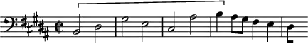 
\version "2.18.2"
\header {
  tagline = ##f
}

\score {
  \new Staff \with {

  }
<<
  \relative c {
    \clef bass
    \key b \major
    \time 2/2

     %% SUJET fugue CBT II-23, BWV 892, si majeur
     \[ b2 dis gis e cis ais' b4 \] ais8 gis fis4 e 
{ 
 % suppression des warnings :
 #(ly:set-option 'warning-as-error #f)
 #(ly:expect-warning (_ "stem does not fit in beam")) %% <= à traduire éventuellement
 #(ly:expect-warning (_ "beam was started here")) %% <= à traduire éventuellement
  \set stemRightBeamCount = #1
  dis4*1/2[ s]
} 

  }
>>
  \layout {
     \context { \Score \remove "Metronome_mark_engraver"
        }
  }
  \midi {} 
}
