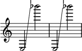 { \override Score.TimeSignature #'stencil = ##f e2 \glissando bes'''2 e2 \glissando bes'''2 }