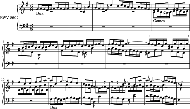 
\version "2.18.2"
\header {
  tagline = ##f
}

DuxNotes    = { g8 a16 g fis g a8 b16 a g a | b8 a g d c'4 | b8 a g fis e'4 | d8 e16 d c b a8 c16 b a g }
Dux         = { s4*0_\markup{Dux} \DuxNotes }
Comes       = { s4*0_\markup{Comes} \transpose g d \relative \DuxNotes }
Semoc       = { }
Xud         = { \inversion d a \transpose g d { \relative { \DuxNotes } } }

upper = \relative c'' {
  \clef treble 
  \key g \major
  \time 6/8
  \tempo 4 = 72
  %\set Staff.midiInstrument = #"harpsichord" 

   %% FUGUE CBT I-15, BWV 860, sol majeur 
   << { \Dux fis8 g a g a b | a b16 cis d b cis b cis d e cis | d cis d e fis d e d e fis g e | fis8 g16 fis e d g4.~ \[ g16 fis e g d g cis, g' b, g' a, g' \] fis8 d e fis g a~ a d, g~ g fis e d c b a4 r8 r8 r8 d8~ d c a'~ a g4~ g8 a16 g fis e d2.*1/16~ \hideNotes d8 } \\ { R2.*4 \transpose c c' { \Comes } cis,8 g' fis e d cis | d16 e fis d g d a' d, b' d, c' d, b'4. c~ c8 fis, g~ g fis16 g a fis | g fis g a b g a g a b c a b8 c16 b a g c4.~ c16 } >>
}

lower = \relative c' {
  \clef bass 
  \key g \major
  \time 6/8
  %\set Staff.midiInstrument = #"harpsichord" 
    
   R2.*10 \Dux fis4 %%% \break \Xud
    
} 

\score {
  \new PianoStaff <<
    \set PianoStaff.instrumentName = #"BWV 860"
    \new Staff = "upper" \upper
    \new Staff = "lower" \lower
  >>
  \layout {
    \context {
      \Score
      \remove "Metronome_mark_engraver"
      \override SpacingSpanner.common-shortest-duration = #(ly:make-moment 1/3)
    }
  }
  \midi { }
}
