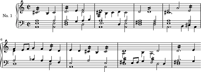 
\version "2.18.2"
\header {
  tagline = ##f
}

Mordcblanche = { \tag #'print { cis2:16 } \tag #'midi { cis16 b cis4. } }
Mordeblanche = { \tag #'print { e2:16 } \tag #'midi { e16 d e4. } }
Mordfblanche = { \tag #'print { fis2:16 } \tag #'midi { fis16 e fis4. } }

Mordbblanche = { \tag #'print { cis,2.:16 } \tag #'midi { cis16 b cis4.~ cis4 } }
Morddblanche = { \tag #'print { d2.:16 } \tag #'midi { d16 cis d4.~ d4 } } 
Morddronde = { \tag #'print { d1:16 } \tag #'midi { d16 cis d4.~ d2 } }

Mordbnoire = { \tag #'print { cis4:16 } \tag #'midi { cis32 b cis8. } }
Mordenoire = { \tag #'print { e4:16 } \tag #'midi { e32 d e8. } }
Mordfnoire = { \tag #'print { fis'4:16 } \tag #'midi { fis32 e fis8. } }

upper = \relative c'' {
  \clef treble 
  \key a \minor
  \time 3/2
  \set Staff.timeSignatureFraction = 2/2
  \autoBeamOff
  \tempo 2 = 110
  \set Staff.midiInstrument = #"harpsichord"

    \Mordbblanche b4 cis2 \Morddblanche e4
    << { f2 e1 } \\ { d2 \Mordbnoire b4 cis d cis2 } >>
    d2 \Morddronde
    << { e2 a \Mordeblanche } \\ { cis1. } >>
    << { f4 e8 f g4 f \Mordenoire d4 } \\ { d4 } >>
    e d \Mordbnoire b4 \Mordcblanche
    << { d1 d2 } \\ { a2 b4 a2. } >>
    \Morddblanche e4
}

lower = \relative c {
  \clef bass
  \key a \minor
  \time 3/2
  \set Staff.timeSignatureFraction = 2/2
  \set Staff.midiInstrument = #"harpsichord"

    << { a'1 a2 a2. g4 a b } \\ { << e,1 a, >> << e'2 a, >> << d1 f >> d2 } >>
    << { e2. d4 a'2 } \\ { << a1 a, >> << e'2 a, >> } >>
    << { a'1 a2 } \\ { << fis1 d >> << fis2 d >> } >>
    << { << a'1 e >>  << a2 e >> } \\ { a,2. b4 cis a } >>
    << { a'2 bes4 a g f } \\ { d1 d2 } >>
    << { e2 a e } \\ { a,1 a2 } >>
    << { \Mordfnoire e8 fis g4 \Mordfblanche d4 } \\ { d1 d2 } >>
    << { a'2. g4 } \\ { << fis1 d >> } >>    
    
}

thePianoStaff = \new PianoStaff <<
    \set PianoStaff.instrumentName = #"No. 1"
    \new Staff = "upper" \upper
    \new Staff = "lower" \lower
  >>

\score {
  \keepWithTag #'print \thePianoStaff
  \layout {
    \context {
      \Score
      \remove "Metronome_mark_engraver"
    }
  }
}
\score {
  \keepWithTag #'midi \thePianoStaff
  \midi { }
}
