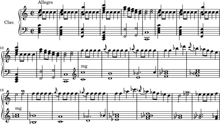 \version "2.18.2"
\header {
tagline = ##f
}
%% les petites notes
trillFb = { \tag #'print { f2\prall } \tag #'midi { g16 f g f~ f4 } }
upper = \relative c'' {
\clef treble
\key c \major
\time 2/2
\tempo 2 = 120
\set Staff.midiInstrument = #"harpsichord"
\override TupletBracket.bracket-visibility = ##f
s8*0^\markup{Allegro}
\repeat unfold 2 { << { < g e' >4 s2. | < a e' >4 s2. | < a a' >4 s2. | < e' g c >4 } \\ { \repeat unfold 4 { c4 c8 c c4 c } } >> | < f a >4 < e g >8 < d f > < c e >4 < b d > |
% ms. 6
< b d >2 < c e > } |
% ms. 13
g'4 g8 g g4 g | \appoggiatura a16 g4 g8 g g4 g | \appoggiatura aes16 g4 g8 g g4 g | g g bes des | \appoggiatura c16 bes4 aes8 g f4 e |
% ms. 18
e2 \trillFb | f4 f8 f f4 f | \appoggiatura g16 f4 f8 f f4 f | \appoggiatura ges16 f4 f8 f f4 f | f f aes ces |
% ms. 23
\appoggiatura bes16 aes4 ges8 f ees4 d | d2 ees2-\parenthesize\prall | ees4 ees8 ees ees4 f |
}
lower = \relative c' {
\clef bass
\key c \major
\time 2/2
\set Staff.midiInstrument = #"harpsichord"
% **************************************
\repeat unfold 2 { < c, e g c >4 s2. | < a c e a >4 s2. | < f c' f >4 s2. | < c e g c >4 s2. | < f f' >2 < g g' > |
% ms. 6
< c, c' >1 } | \clef treble
% ms. 13
< c'' c' >1^\markup{mg} | < d b' > | << { bes'2. c4 } \\ { e,1 } >> | < f bes des >1 | < g bes c e > |
% ms. 18
< aes c >1^\markup{mg} | < bes, bes' > | < c a' > | << { aes'2. bes4 } \\ { d,1 } >> | < ees aes ces >1 |
% ms. 23
< f aes bes d >1 | < ges bes > | q2. < f aes >4
}
thePianoStaff = \new PianoStaff <<
\set PianoStaff.instrumentName = #"Clav."
\new Staff = "upper" \upper
\new Staff = "lower" \lower
>>
\score {
\keepWithTag #'print \thePianoStaff
\layout {
#(layout-set-staff-size 17)
\context {
\Score
\override SpacingSpanner.common-shortest-duration = #(ly:make-moment 1/2)
\remove "Metronome_mark_engraver"
}
}
}
\score {
\keepWithTag #'midi \thePianoStaff
\midi { }
}