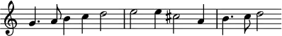 \header {
tagline = ##f
}
\score {
\new Staff \with {
\remove "Time_signature_engraver"
}
<<
\relative c'' {
\key c \major
%\clef bass
\time 3/2
\override TupletBracket #'bracket-visibility = ##f
%%% f° 3
g4. a8 b4 c d2 e e4 cis2 a4 b4. c8 d2
}
>>
\layout {
\context { \Score \remove "Metronome_mark_engraver" }
}
\midi {}
}