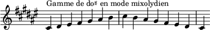 {
\override Score.TimeSignature #'stencil = ##f
\relative c' {
\key cis \mixolydian
\clef treble \time 7/4
cis4^\markup { Gamme de do♯ en mode mixolydien } dis eis fis gis ais b cis b ais gis fis eis dis cis
} }