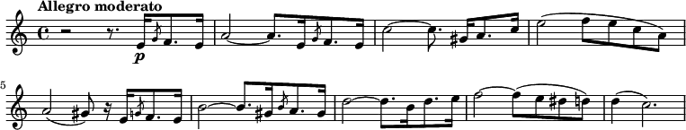 
\new Staff \with {
  midiInstrument = "violin"
}
\relative c'' {
    \version "2.18.2"
    \key a \minor
    \time 4/4
    \tempo "Allegro moderato"
    \tempo 4 = 132
    
    r2 r8. e,16 \p [\slashedGrace g8 f8. e16]
    a2~ a8. [e16 \slashedGrace g8 f8. e16]
    c'2~ c8. gis16 [a8. c16]
    e2 (f8 [e8 c8 a8)]
    a2 (gis8) r16 e16 [\slashedGrace g8 f8. e16]
    b'2~ b8. [gis16 \slashedGrace b8 a8. gis16]
    d'2~ d8. [b16 d8. e16]
    f2~ f8 (e8 dis8 d8)
    d4 (c2.) 
}
