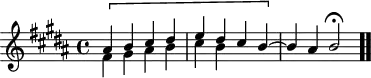
\version "2.18.2"
\header {
  tagline = ##f
}

\score {
  \new Staff \with {

  }
<<
  \relative c'' {
    \clef treble
    \key b \major
    \time 4/4

     %% prélude CBT I-23, BWV 868, si majeur
     << { \[ ais4 b cis dis e dis cis b~ \] b ais b2\fermata } \\ { fis4 gis ais b cis b } >> \bar ".."
  }
>>
  \layout {
     \context { \Score \remove "Metronome_mark_engraver" }
  }
  \midi {} 
}
