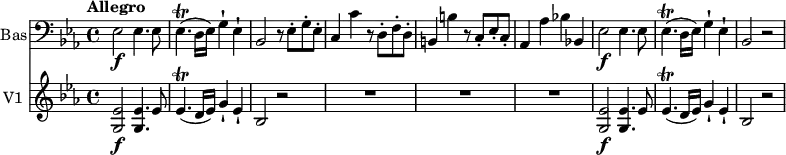 
<<
  \new Staff \with { instrumentName = #"Bas"}  \relative c {
         \clef "bass" 
         \tempo "Allegro"
         \key ees \major
         \time 4/4 
          \tempo 4 = 130
     ees2 \f ees4. ees8 ees4.  \trill (d16 ees) g4-! ees-!
     bes2 r8 ees8-. g-. ees-.
     c4 c' r8 d,8-. f-. d-.
     b4 b' r8 c,-. ees-. c-.
     aes4 aes' bes! bes,!
     ees2 \f ees4. ees8 ees4.  \trill (d16 ees) g4-! ees-!
     bes2 r2
}

 \new Staff \with { instrumentName = #"V1 "} \relative c' {      
         \clef  "treble"  
         \key ees \major
         \time 4/4   
        
         <g ees'>2  \f <g ees'>4. ees'8
         ees4. \trill (d16 ees) g4-! ees-! bes2 r
         R1*3
         <g ees'>2  \f <g ees'>4. ees'8
         ees4. \trill (d16 ees) g4-! ees-! bes2 r
}
>>
