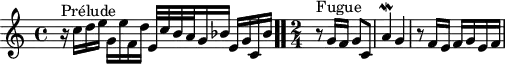 
\version "2.18.2"
\header {
  tagline = ##f
}

\score {
  \new Staff \with {

  }
<<
  \relative c'' {
    \key c \major
    \time 4/4
    \set Staff.midiInstrument = #"harpsichord" 

     %% INCIPIT CBT II-1, BWV 870, ut majeur
     r16^\markup{Prélude} c d e g, e' f, d' e,32 c' b a g16 bes e,[ g c, bes'] \bar ".."
     \time 2/4
     r8^\markup{Fugue} g16[ f] g8 c, a'4\mordent  g r8 f16 e f g e f

  }
>>
  \layout {
     \context { \Score \remove "Metronome_mark_engraver"
     \override SpacingSpanner.common-shortest-duration = #(ly:make-moment 1/2)
       }
  }
  \midi {}
}
