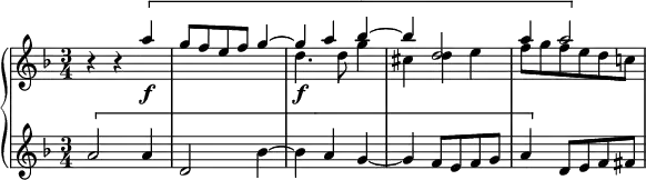 
\version "2.14.2"
\header {
  tagline = ##f
}
upper = \relative c''' {
  \clef treble 
  \key f \major
  \time 3/4
  \tempo 4 = 80
  %\autoBeamOff
  %\set Score.currentBarNumber = #36

    r4 r4  
    << { \[ a4\f g8 f e f g4~ g a bes~ bes d,2 a'4 a2 \] } \\ { s4 s2. d,4.\f d8 g4 cis, d e f8 g f e d c! } >>

}

lower = \relative c'' {
  \clef treble 
  \key f \major
  \time 3/4

   \[ a2 a4 d,2 bes'4~ bes a g~ g f8 e f g a4 \] d,8 e f fis
}

\score {
  \new PianoStaff <<
    % \set PianoStaff.instrumentName = #""
    \new Staff = "upper" \upper
    \new Staff = "lower" \lower
  >>
  \layout {
    \context {
      \Score
      \remove "Metronome_mark_engraver"
    }
  }
  \midi { }
}
