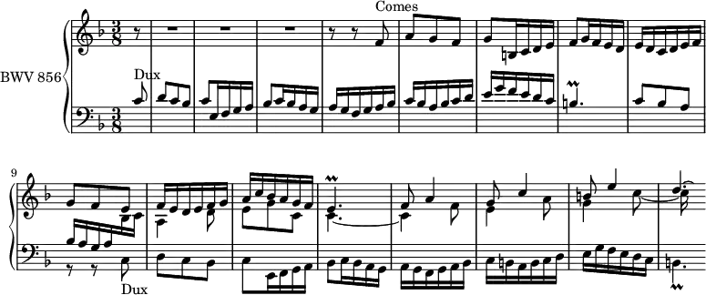 \version "2.18.2"
\header {
tagline = ##f
}
Pralleqp = { \tag #'print { e4.\prall } \tag #'midi { \times 2/3 { f32 e f } e16~ e4 } } % on pourrait le faire plus long
Prallbqp = { \tag #'print { b4.\prall } \tag #'midi { \times 2/3 { c32 b c } b16~ b4 } }
Prallbqpfin = { \tag #'print { b4.*1/2\prall } \tag #'midi { \times 2/3 { c32 b c } b16~ b4 } }
Dux = { s4*0-\markup{Dux} c8 d c bes c e,16 f g a bes8 c16 bes a g a }
Comes = { s4*0-\markup{Comes} f8 a g f g b,16 c d e f8 g16 f e d e }
upper = \relative c' {
\clef treble
\key f \major
\time 3/8
\tempo 4. = 54 % tempo de Keller, identique au prélude
\set Staff.midiInstrument = #"harpsichord"
%% FUGUE CBT I-11, BWV 856, fa majeur
r8 R4.*3
<< { b'8\rest b8\rest \Comes d16 c d e f | g8 f e | f16 e d e f g | a c bes a g f | \Pralleqp f8 a4 g8 c4 | b8 e4 d4.*1/4~ \hideNotes d16 } \\ { s4.*5 \stemUp \change Staff = "lower" bes,16 a g a \stemDown \change Staff = "upper" bes c a4 d8 | e g c, c4.~ c4 f8 e4 a8 g4 c8~ | c16 } >>
}
lower = \relative c' {
\clef bass
\key f \major
\time 3/8
\set Staff.midiInstrument = #"harpsichord"
\partial 8
<< { \Dux g16 f g a bes | c bes a bes c d | e g f e d c | \Prallbqp c8 bes a } \\ { s8 s4.*8 r8 r8 \relative c { \Dux g16 f g a bes c b a b c d e g f e d c \Prallbqpfin } } >>
}
thePianoStaff = \new PianoStaff <<
\set PianoStaff.instrumentName = #"BWV 856"
\new Staff = "upper" \upper
\new Staff = "lower" \lower
>>
\score {
\keepWithTag #'print \thePianoStaff
\layout {
\context {
\Score
\remove "Metronome_mark_engraver"
\override SpacingSpanner.common-shortest-duration = #(ly:make-moment 1/2)
}
}
}
\score {
\keepWithTag #'midi \thePianoStaff
\midi { }
}