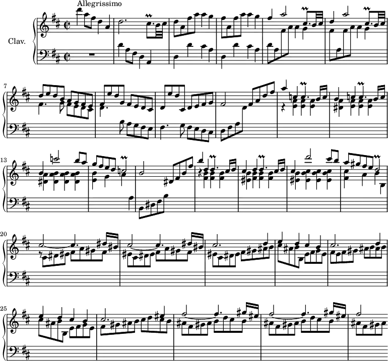 \version "2.18.2"
\header {
tagline = ##f
% composer = "Domenico Scarlatti"
% opus = "K. 479"
% meter = "Allegrissimo"
}
%% les petites notes
trillCb = { \tag #'print { c2\prall } \tag #'midi { \times 2/3 { d16 c d c d c~ } c4 } }
trillDb = { \tag #'print { d2\prall } \tag #'midi { \times 2/3 { e16 d e } d8~ d4 } }
trilldp = { \tag #'print { d4.\prall } \tag #'midi { \times 2/3 { e16 d e d e d~ } d8 } }
trillcp = { \tag #'print { c4.\prall } \tag #'midi { \times 2/3 { d16 c d c d c~ } c8 } }
trillCisqpDown = { \tag #'print { cis,8.\prall } \tag #'midi { \times 2/3 { d16 e d~ } d16 } }
trillCisqp = { \tag #'print { cis8.\prall } \tag #'midi { \times 2/3 { cis16 d cis~ } cis16 } }
upper = \relative c'' {
\clef treble
\key d \major
\time 2/2
\tempo 2 = 86
\set Staff.midiInstrument = #"harpsichord"
\override TupletBracket.bracket-visibility = ##f
s8*0^\markup{Allegrissimo}
d'4 a8 fis d4 a | d2. \trillCisqp b32 cis | d8 a fis' a a4 g
% ms. 4
fis8 a, fis' a a4 g | \stemUp fis a2 \trillCisqpDown b32 cis | d4 a'2 \trillCisqpDown b32 cis | d8 e d b a g fis e |
% ms. 8
fis8 e' d g, fis e d cis | d e' d cis, d e fis g | fis2 fis8 a d fis | \stemUp a4 c, \trillcp b16 c |
% ms. 12
b4 c \trillcp b16 c | b4 c'2 b8 a | g fis e d \trillCb | b2 dis,8 fis b fis' |
% ms. 16
b4 d, \trilldp cis16 d | cis4 d \trilldp cis16 d | cis4 d'2 cis8 b | a gis fis e \trillDb |
% ms. 20
\repeat unfold 2 { cis2~ cis4. dis16 bis } | cis2. d4 |
% ms. 23
e4 d cis b | cis2. d4 | e d cis b | cis2. eis4 |
% ms. 27
\repeat unfold 2 { fis2~ fis4. gis16 eis } | fis2
}
lower = \relative c' {
\clef bass
\key d \major
\time 2/2
\set Staff.midiInstrument = #"harpsichord"
\override TupletBracket.bracket-visibility = ##f
% ************************************** \appoggiatura a16 \repeat unfold 2 { } \times 2/3 { } \omit TupletNumber
R1 | d4 a8 fis d4 a | \repeat unfold 2 { d d' cis a } |
% ms. 5
d8 a \stemDown \change Staff = "upper" fis' a a4 g | fis8 \change Staff = "lower" a, \change Staff = "upper" fis' a a4 g | fis4. g8 fis e d cis |
% ms. 8
d4. \change Staff = "lower" b8 a g fis e | fis4. g8 fis e d cis | d fis a \change Staff = "upper" d \change Staff = "lower" s2 | \change Staff = "upper" d4\rest < e a >4 q q |
% ms. 12
< dis a' >4 < e a > q q | < dis a' > < dis a' b > q q | < e b' > g a \change Staff = "lower" a, | b,8 dis fis b s2 | \stemDown \change Staff = "upper"
% ms. 16
r4 < fis' b > q q | < eis b' > < fis b > q q | < eis b' > < eis b' cis > q q | < fis cis' > a b b, |
% ms. 20
r8 \repeat unfold 2 { cis8 dis eis fis a gis fis | eis } cis dis eis fis gis ais b |
% ms. 23
cis8 ais b b, e fis g e | fis e fis gis ais b ais b | cis8 ais b b, e fis g e | fis gis ais b cis d cis b |
% ms. 27
\repeat unfold 2 { ais fis gis ais b d cis b } | ais8 fis gis ais
}
thePianoStaff = \new PianoStaff <<
\set PianoStaff.instrumentName = #"Clav."
\new Staff = "upper" \upper
\new Staff = "lower" \lower
>>
\score {
\keepWithTag #'print \thePianoStaff
\layout {
#(layout-set-staff-size 17)
\context {
\Score
\override SpacingSpanner.common-shortest-duration = #(ly:make-moment 1/2)
\remove "Metronome_mark_engraver"
}
}
}
\score {
\keepWithTag #'midi \thePianoStaff
\midi { }
}