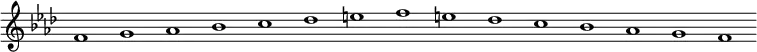 \new Staff {
\relative c' {
\key f \minor
\override Staff.TimeSignature #'stencil = ##f
\override Staff.BarLine #'stencil = ##f
f1 g as bes c des e f e des c bes as g f
}
}
\midi {
\context {
\Score
tempoWholesPerMinute = #(ly:make-moment 120 1)
}
}