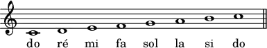 \header {
tagline = ##f
}
\score {
\new Staff \with {
\remove "Time_signature_engraver"
}
\relative c' {
\time 8/1
\tempo 1 = 55
\autoBeamOff
\clef treble
\override Rest #'style = #'classical
c1 d e f g a b c
\bar "||"
}
\addlyrics {
do ré mi fa sol la si do
}
\layout {
\context {
\Score
\remove "Metronome_mark_engraver"
}
}
\midi {}
}