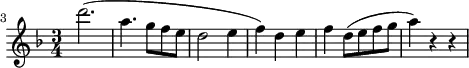 \header {
tagline = ##f
}
\score {
\new Staff \with {
}
<<
\relative c'' {
\key f \major
\time 3/4
\tempo 4 = 80
\override TupletBracket #'bracket-visibility = ##f
%\autoBeamOff
\set Staff.midiInstrument = #"string ensemble 1"
\set Score.currentBarNumber = #3
\bar ""
%%% AB 5-3 th1
d'2.( a4. g8 f e d2 e4 f) d e4 f d8( e f g a4) r4 r4
}
>>
\layout {
\context { \Score \remove "Metronome_mark_engraver"
}
}
\midi {}
}