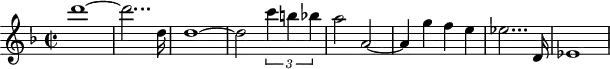 \header {
tagline = ##f
}
\score {
\new Staff \with {
}
<<
\relative c'' {
\clef treble
\key f \major
\time 2/2
\tempo 2 = 55
%\autoBeamOff
\set Staff.midiInstrument = #"string ensemble 1"
%%%%%%%%%%%%%%%%%%%%%%%%%% AB 9-1 th1
d'1~ d2... d,16 d1~ d2 \times 2/3 { c'4 b! bes } a2 a,2~ a4 g' f e ees2... d,16 ees1
}
>>
\layout {
\context { \Score \remove "Metronome_mark_engraver"
}
}
\midi {}
}