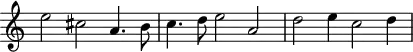 \header {
tagline = ##f
}
\score {
\new Staff \with {
\remove "Time_signature_engraver"
}
<<
\relative c'' {
\key c \major
%\clef bass
\time 3/2
\override TupletBracket #'bracket-visibility = ##f
%%% f° 5
e2 cis a4. b8 c4. d8 e2 a, d e4 c2 d4
}
>>
\layout {
\context { \Score \remove "Metronome_mark_engraver" }
}
\midi {}
}