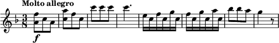\relative c'' {
\version "2.18.2"
\tempo "Molto allegro"
\key f \major
\time 3/8
\tempo 4 = 170
< a f'>8\f c a
< c a'>8 f c
c' c c c4.
e,16 c f c g' c,
f c g' c, a' c,
bes'8 bes a
g4 r8
}