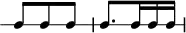 
\header {
  tagline = ##f
}

\score {
  \new RhythmicStaff {
    \time 3/8
    \numericTimeSignature
    \omit Staff.TimeSignature

   c8 c c c8. c16 c c

  }
  \layout {
   % indent = #0
  }
  \midi {}
}
