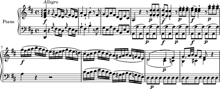 \version "2.18.2"
\header {
tagline = ##f
}
upper = \relative c' {
\clef treble
\key d \major
\time 4/4
\tempo "Allegro"
\tempo 4 = 130
%\autoBeamOff
<d fis a d>4\arpeggio \f ^\markup{ \italic {Allegro } } r
\repeat unfold 2 {\grace g16 (fis8) e16 d}
a'4-! fis-! b-! r8 fis8
g e a fis d b e cis
a4 r r8 <fis' d'>8-. \p <fis d'>-. <fis d'>-.
<fis d'> \f (<e cis'>) <e cis'>4-! r8 <d' fis>-. \p <d fis>-. <d fis>-.
<d fis>\f (<cis e>) <cis e>4-! r8 <fis a>-. \p <fis a>-. <fis a>-.
g16 \f (fis g a b a g fis) e (dis e fis g fis e d)
cis (b cis d e d cis b) a (gis a b a g fis e)
<<{\stemDown d2 _ (cis4\p c) b cis! d} \\ {\stemUp d2 ^(e4 fis) g8. a32 b a8 g fis}>> r4
}
lower = \relative c' {
\clef bass
\key d \major
\time 4/4
\set Staff.midiMinimumVolume = #0.2 \set Staff.midiMaximumVolume = #0.5
<d,, d'>4 r4 \repeat unfold 2 { \grace g'16 (fis8) e16 d }
a'4-! fis-! b-! r8 fis8
g e a fis d b e cis
a (a ' a, a') a, \p (a ' a, a')
\repeat unfold 2 { a, \f (a ' a, a') a, \p (a ' a, a') }
a4 r4 r2
cis16 (b cis d e d cis b) a (gis a b a g fis e)
d8 d \p \repeat unfold 14 { d }
}
\score {
\new PianoStaff <<
\set PianoStaff.instrumentName = #"Piano"
\new Staff = "upper" \upper
\new Staff = "lower" \lower
>>
\layout {
\context {
\Score
\remove "Metronome_mark_engraver"
}
}
\midi { }
}
