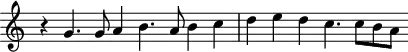 \header {
tagline = ##f
}
\score {
\new Staff \with {
\remove "Time_signature_engraver"
}
<<
\relative c'' {
\key c \major
%\clef bass
\time 4/2
\override TupletBracket #'bracket-visibility = ##f
%%% f° 8
r4 g4. g8 a4 b4. a8 b4 c d e d c4. c8 b a
}
>>
\layout {
\context { \Score \remove "Metronome_mark_engraver" }
}
\midi {}
}