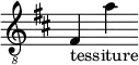 { \new Staff \with { \remove "Time_signature_engraver" } \clef "treble_8" \key b \minor fis_"tessiture" a' }