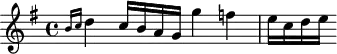 
\header {
  tagline = ##f
}

\score {
  \new Staff \with {

  }
<<
  \relative c'' {
    \key g \major
    \time 4/4
    \override TupletBracket #'bracket-visibility = ##f 
    \autoBeamOff

     %%%%%%%%%%%%%%%%%%%%%%%%%% K33d / Anh 199
     \grace { b16[ c] } d4 c16[ b a g] g'4 f! e16[ c d e]

  }
>>
  \layout {
    \context {
      \remove "Metronome_mark_engraver"
    }
  }
  \midi {}
}
