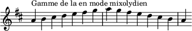 {
\override Score.TimeSignature #'stencil = ##f
\relative c'' {
\key a \mixolydian
\clef treble \time 7/4
a4^\markup { Gamme de la en mode mixolydien } b cis d e fis g a g fis e d cis b a
} }