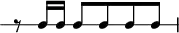 
\header {
  tagline = ##f
}

\score {
  \new RhythmicStaff {
    \time 3/4
    \numericTimeSignature
    \omit Staff.TimeSignature

   r8 c16 c c8 c c c

  }
  \layout {
   % indent = #0
  }
  \midi {}
}
