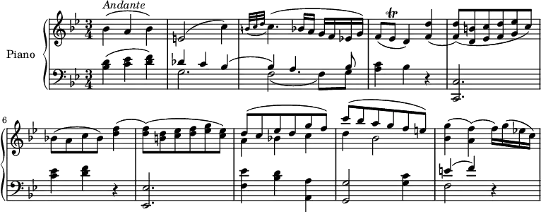 \version "2.18.2"
\header {
tagline = ##f
}
upper = \relative c' {
\clef treble
\key bes \major
\time 3/4
\tempo "Andante"
\tempo 4 = 60
%\autoBeamOff
bes'4 ^\markup{ \italic {Andante } } (a bes)
e,2 (c'4) \grace {b32 (c d} c4.) (bes!16 a g f ees! g)
f8 (ees \trill d4) <f d'>4 (<f d'>8) (<d b'> <ees c'> <f d'> <g ees'> c)
bes! (a c bes) <d f>4 (<d f>8) (<b d> <c ees> <d f> <ees g> <c ees>)
<< { \stemDown a4 bes! c d bes2} \\ {\stemUp d8 ^ ( c ees d g f) c' ^(bes a g f e) } >>
<bes g'>4 (<a f'>) (f'16) g (ees! c)
}
lower = \relative c {
\clef bass
\key bes \major
\time 3/4
<bes' d>4 (<c ees> <d f>)
<< { \stemDown g,2. f2 _(f8) g} \\ {\stemUp des'4 c bes ^(bes) a4. bes8 } >> <a c>4 bes r
<c,, c'>2. <c'' ees>4 <d f> r
<ees,, ees'>2. <f' ees'>4 <bes d> <a, a'>
<g g'>2 <g' c>4 << { \stemDown f2 } \\ {\stemUp e'4 ^(f) } >> r4
}
\score {
\new PianoStaff <<
\set PianoStaff.instrumentName = #"Piano"
\new Staff = "upper" \upper
\new Staff = "lower" \lower
>>
\layout {
\context {
\Score
\remove "Metronome_mark_engraver"
}
}
\midi { }
}