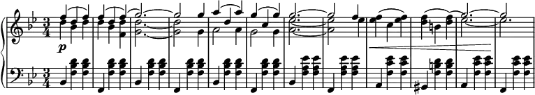 
 \relative c' {
 \new PianoStaff <<
  \new Staff { \key g \minor \time 3/4
  \set Score.tempoHideNote = ##t
   \tempo "" 2. = 64
  <<
  {
   f'( d f) f( d f)( g2.~) g2 g4 a( d, a') g( c, g') g2.~ g2 f4 s\< s s s s s g2.~ g2\!
  }
  \\
  {
   d4 bes d d bes <d f,> <g, d'>2.~ <g d'>2 g4 a2 a4 g2 g4 <a ees'>2.~ <a ees'>2 ees'4 <ees f>^( c <ees f>) <d f>^( b <d f>)^( ees2.~) ees
  }
  >>
  }
  \new Dynamics {
  s\p
   }
  \new Staff { \key g \minor \time 3/4 \clef bass
   bes,,4 <f' bes d> <f bes d> f, <f' bes d> <f bes d> bes, <f' bes d> <f bes d> f, <f' bes d> <f bes d> bes, <f' bes d> <f bes d> f, <f' bes d> <f bes d> bes, <f' a ees'> <f a ees'> f, <f' a ees'> <f a ees'> a, <f' c' ees> <f c' ees> gis,4 <f' b d> <f b d> a, <f' c' ees> <f c' ees> f, <f' c' ees> <f c' ees>
  }
 >>
 }
