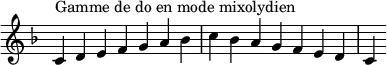 {
\override Score.TimeSignature #'stencil = ##f
\relative c' {
\key c \mixolydian
\clef treble \time 7/4
c4^\markup { Gamme de do en mode mixolydien } d e f g a bes c bes a g f e d c
} }
