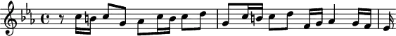 \version "2.18.2"
\header {
tagline = ##f
}
\score {
\new Staff \with {
}
<<
\relative c'' {
\key c \minor
\time 4/4
%% SUJET fugue CBT I-2, BWV 847, ut mineur
r8 c16 b c8 g aes c16 b c8 d g, c16 b c8 d f,16 g aes4 g16 f ees
}
>>
\layout {
\context { \Score \remove "Metronome_mark_engraver"
%\override SpacingSpanner.common-shortest-duration = #(ly:make-moment 1/2)
}
}
\midi {}
}