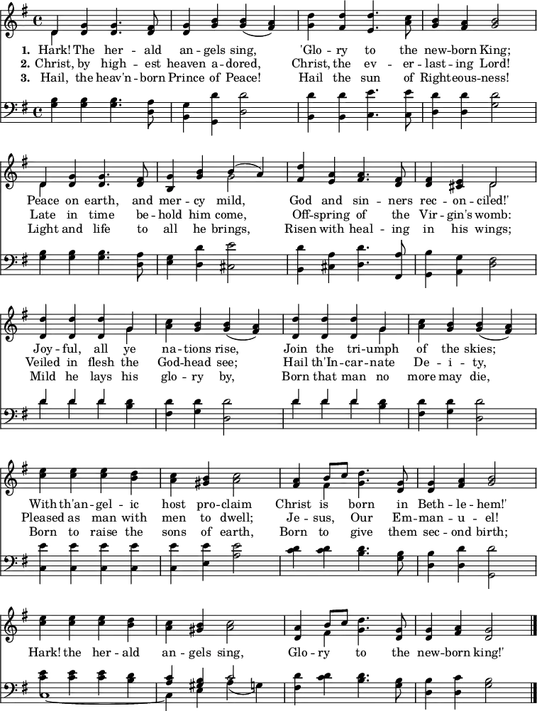 \version "2.16.2"
\header { tagline = ##f }
\score { << << \override Score.BarNumber #'transparent = ##t \new Staff \with {midiInstrument = #"church organ"} { \key g \major \time 4/4 \relative d' {
<< { d4 } \\ { d } >> <g d> q4. <fis d>8 |
<g d>4 <b g> q( <a fis>) |
<d g,> <d fis,> <d e,>4. <c a>8 |
<b g>4 <a fis> <b g>2 | \break
<< { d,4 } \\ { d } >> <g d> q4. <fis d>8 |
<g b,>4 <b g> << { b( a) } \\ { g2 } >> |
<d' fis,>4 <a e> <a fis>4. <fis d>8 |
q4 <e cis> << { d2 } \\ { d } >> | \break
\repeat unfold 2 { <d d'>4 q q << { g } \\ { g } >> |
<c a> <b g> q( <a fis>) | } \break
<e' c>4 q q <d b> | <c a> <b gis> <c a>2 |
<a fis>4 << { b8 c } \\ { fis,4 } >> <g d'>4. <g d>8 |
q4 <a fis> <b g>2 | \break
<e c>4 q q <d b> | <c a> <b gis> <c a>2 |
<a d,>4 << { b8 c } \\ { fis,4 } >> <g d'>4. <g d>8 |
q4 <a fis> <g d>2 \bar "|." } }
\new Lyrics \lyricmode {
\set stanza = #"1."
Hark!4 The her4. -- ald8 an4 -- gels sing,2
'Glo4 -- ry to4. the8 new4 -- born King;2
Peace4 on earth,4. and8 mer4 -- cy mild,2
God4 and sin4. -- ners8 rec4 -- on -- ciled!'2
Joy4 -- ful, all ye na -- tions rise,2
Join4 the tri -- umph of the skies;2
With4 th'an -- gel -- ic host pro -- claim2
Christ4 is born4. in8 Beth4 -- le -- hem!'2
Hark!4 the her -- ald an -- gels sing,2
Glo4 -- ry to4. the8 new4 -- born king!'2
}
\new Lyrics \lyricmode {
\set stanza = #"2."
Christ,4 by high4. -- est8 heaven4 a -- dored,2
Christ,4 the ev4. -- er8 -- last4 -- ing Lord!2
Late4 in time4. be8 -- hold4 him come,2
Off4 -- spring of4. the8 Vir4 -- gin's womb:2
Veiled4 in flesh the God -- head see;2
Hail4 th'In -- car -- nate De -- i -- ty,2
Pleased4 as man with men to dwell;2
Je4 -- sus, Our4. Em8 -- man4 -- u -- el!2
}
\new Lyrics \lyricmode {
\set stanza = #"3."
Hail,4 the heav'n4. -- born8 Prince4 of Peace!2
Hail4 the sun4. of8 Right4 -- eous -- ness!2
Light4 and life4. to8 all4 he brings,2
Risen4 with heal4. -- ing8 in4 his wings;2
Mild4 he lays his glo -- ry by,2
Born4 that man no more may die,2
Born4 to raise the sons of earth,2
Born4 to give4. them8 sec4 -- ond birth;2
}
\new Staff \with {midiInstrument = #"church organ"} { \clef bass \key g \major \relative g {
<g b>4 q q4. <d a'>8 |
<b g'>4 <g d''>4 <d' d'>2 |
<b d'>4 q <c e'>4. q8 |
<d d'>4 q <g d'>2 | % end of line 1
<g b>4 q q4. <d a'>8 |
<e g>4 <d d'> <cis e'>2 |
<b d'>4 <cis a'> <d d'>4. <fis, a'>8|
<g b'>4 <a g'> <d fis>2 | % end of line 2
\repeat unfold 2 { << { d'4 d d } \\ { d d d } >> <b d> |
<fis d'> <g d'> <d d'>2 } % end of line 3
<c e'>4 q q q | q <e e'> <a e'>2 |
<c d>4 q <b d>4. <g b>8 |
<d b'>4 <d d'> <g, d''>2 | % end of line 4
<< { \stemDown <c' e>4 q q <b d> | \stemUp <a c> <gis b> c2 } \\
{ c,1 _~ c4 e a( g) } >>
<fis d'> <c' d> <b d>4. <g b>8 |
<d b'>4 <d c'> <g b>2 } } >> >>
\layout { indent = #0 }
\midi { \tempo 4 = 112 } }