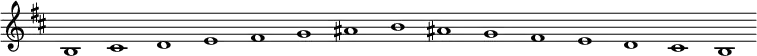 \new Staff {
\relative c' {
\key b \minor
\override Staff.TimeSignature #'stencil = ##f
\override Staff.BarLine #'stencil = ##f
b1 cis d e fis g ais b ais g fis e d cis b
}
}
\midi {
\context {
\Score
tempoWholesPerMinute = #(ly:make-moment 120 1)
}
}