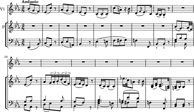 
\new GrandStaff <<
    \new StaffGroup <<
      \new Staff {
        \version "2.18.2"
         \tempo  "Andante"
        \clef treble
        \key ees \major
       \time 3/8
       \tempo 4 = 50

     \relative c'' {\set Staff.instrumentName = "P"
                \repeat  unfold 12 {R} 
                bes8 (g8.) aes32 (f)
                ees8 (c') r
                aes \tuplet 3/2 {g16 aes-. bes-.}  \tuplet 3/2 {d16 (aes f)}
                ees16. (f32 es) d8 r
                d16 (c) c8-. (c-.)
                ees'!16. c32 a8 r16 bes
                <bes, d> (<d f>) <c ees>8. (<a c>32)
                <a c>16 (bes) bes8 r
            }
      }
      \new Staff {
                 \clef bass
                  \key ees \major
                  \time 3/8

      \relative c {
            ees,4 (bes'8)
            c (aes) r
            d (ees a,)
            bes4 r8
            ees4 (e8 f fis g)
            f!4 f,8
            bes-! bes-! r
            <<{\stemDown ees4 bes8 c aes s d _ (ees) aes, bes4 s8 ees4 _(e8) f fis g} \\ {\stemUp g8 bes aes  g aes r bes4 aes8 g8 (f) r <g bes>4. a8 ^(ees' d)}>>
            f,!4 <f, ees'>8
            <bes d> <bes d> r
             }
      }
>>
    \new Staff { \set Staff.instrumentName = "V1"
           \relative c'' {
              \key ees \major
              \time 3/8
             bes8  (g f)
             ees (c') r
             aes (g f)
             ees (d) r
             c-. (c-. c-.)
             c' (a) r16 bes
             d,8 ( \grace f16 (ees8.)) c16
             c (bes) bes8-! r
             \repeat unfold 24 {R}
                 }
           }
  >>
