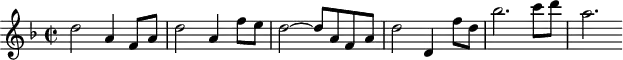 \header {
tagline = ##f
}
\score {
\new Staff \with {
}
<<
\relative c'' {
\clef treble
\key f \major
\time 2/2
\tempo 2 = 75
%\autoBeamOff
\set Staff.midiInstrument = #"string ensemble 1"
%%%%%%%%%%%%%%%%%%%%%%%%%% AB 9-1 th3
d2 a4 f8 a d2 a4 f'8 e d2~ d8 a f a d2 d,4 f'8 d bes'2. c8 d a2.
}
>>
\layout {
\context { \Score \remove "Metronome_mark_engraver"
}
}
\midi {}
}