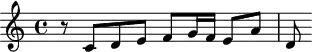 \version "2.18.2"
\header {
tagline = ##f
}
\score {
\new Staff \with {
}
<<
\relative c' {
\key c \major
\time 4/4
%% SUJET fugue CBT I-1, BWV 846, ut majeur
r8 c8 d e f8 g16 f e8 a d,
}
>>
\layout {
\context { \Score \remove "Metronome_mark_engraver" }
}
\midi {}
}