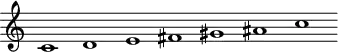 \header {
tagline = ##f
}
\score {
\new Staff \with {
\remove "Time_signature_engraver"
}
<<
\relative c' {
\key c \major
\time 32/1
%\set Staff.midiInstrument = #"violin"
\override TupletBracket #'bracket-visibility = ##f
%\autoBeamOff
%%%%%%%%%
c1 d e fis gis ais c
}
>>
\layout {
\context { \Score \remove "Metronome_mark_engraver" }
}
\midi { \tempo 1=56}
}