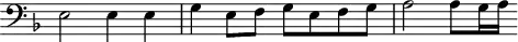 
\header {
  tagline = ##f
}

\score {
  \new Staff \with {
     \remove "Time_signature_engraver"
  }
<<
  \relative c {
    \key f \major
    \clef bass
    \time 2/2
    \override TupletBracket #'bracket-visibility = ##f 

     %%% f° 36
     e2 e4 e g  e8 f g e f g a2 a8[ g16 a]

  }
>>
  \layout {
     \context { \Score \remove "Metronome_mark_engraver" }
  }
  \midi {}
}
