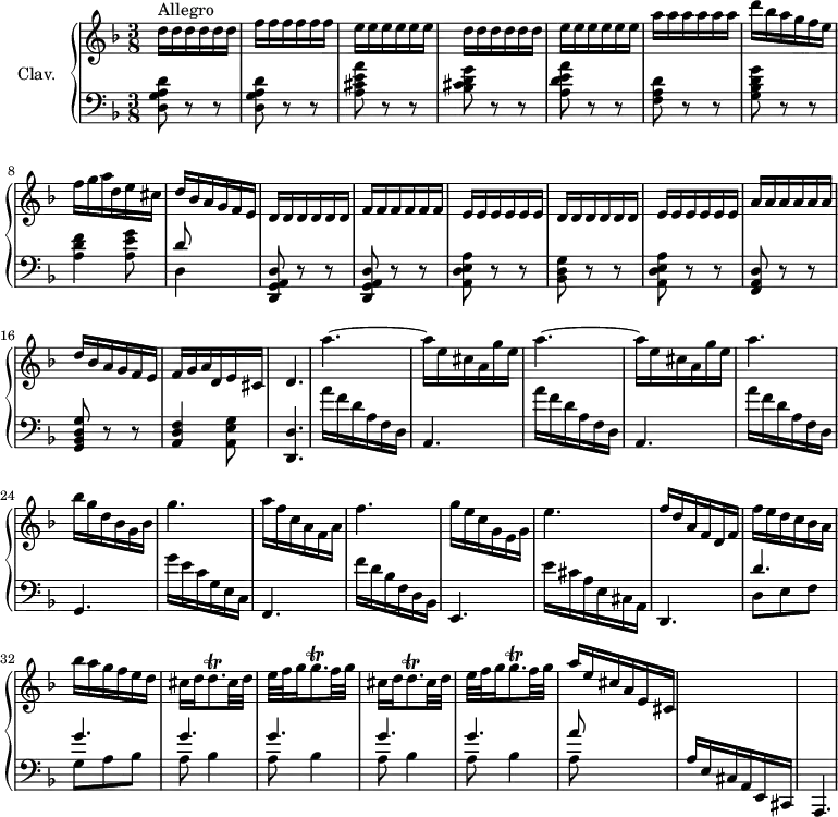 \version "2.18.2"
\header {
tagline = ##f
}
% thèmes
temaRep = { \repeat unfold 6 { d16 } \repeat unfold 6 { f } \repeat unfold 6 { e } \repeat unfold 6 { d } \repeat unfold 6 { e } \repeat unfold 6 { a }
% ms. 7
d16 bes a g f e | f g a d, e cis }
temaBass = { < d g a d >8 r8 r8 | q r8 r8 | < a' cis e a >8 r8 r8 | < bes cis d g >8 r8 r8 | < a d e a >8 r8 r8 |
% ms. 6
< f a d >8 r8 r8 | < g bes d g >8 r8 r8 | < a d f >4 < a e' g >8 }
temaBassG = { < d g a d >8 r8 r8 | q r8 r8 | < a' d e a >8 r8 r8 | < bes d g >8 r8 r8 | < a d e a >8 r8 r8 |
% ms. 6
< f a d >8 r8 r8 | < g bes d g >8 r8 r8 | < a d f >4 < a e' g >8 }
% petites notes
trillD = { \tag #'print { d8.\trill } \tag #'midi { e32 d e d~ d } }
trillG = { \tag #'print { g8.\trill } \tag #'midi { a32 g a g~ g } }
upper = \relative c'' {
\clef treble
\key d \minor
\time 3/8
\tempo 4. = 80
% \tempo 8 = 210
\set Staff.midiInstrument = #"harpsichord"
s8*0^"Allegro" \temaRep | d16 bes a g f e { \relative c' \temaRep } | d4. | \repeat unfold 2 { a''4.~ | a16 e cis a g' e } |
% ms. 23
a4. | bes16 g d bes g bes | g'4. | a16 f c a f a |
% ms. 27
f'4. | g16 e c g e g | e'4. | f16 d a f d f | f' e d c bes a |
% ms. 32
bes'16 a g f e d | \repeat unfold 2 { cis16 d \trillD cis32 d | e f g16 \trillG f32 g } |
% ms. 37
a16 e cis a e cis | \change Staff = "lower" a16 e cis a e cis | \tempo 8 = 130 a4.
}
lower = \relative c {
\clef bass
\key d \minor
\time 3/8
\set Staff.midiInstrument = #"harpsichord"
% **************************************
\temaBass | << { d8 } \\ { d,4 s8 } >>
\relative c, \temaBassG < d, d' >4.
% ms. 19
\repeat unfold 2 { a'''16 f d a f d | a4. }
a''16 f d a f d | g,4.
g''16 e c g e c | f,4.
f''16 d bes f d bes | e,4.
e''16 cis a e cis a | d,4.
<< { d''4. | \repeat unfold 5 { g4. } a8 } \\ { d,,8 e f | g a bes | \repeat unfold 4 { a8 bes4 } a8 } >>
s4
s4. | s4.
}
thePianoStaff = \new PianoStaff <<
\set PianoStaff.instrumentName = #"Clav."
\new Staff = "upper" \upper
\new Staff = "lower" \lower
>>
\score {
\keepWithTag #'print \thePianoStaff
\layout {
#(layout-set-staff-size 17)
\context {
\Score
\override SpacingSpanner.common-shortest-duration = #(ly:make-moment 1/2)
\remove "Metronome_mark_engraver"
}
}
}
\score {
\keepWithTag #'midi \thePianoStaff
\midi { }
}