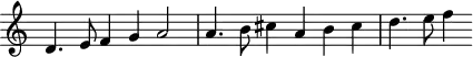 \header {
tagline = ##f
}
\score {
\new Staff \with {
\remove "Time_signature_engraver"
}
<<
\relative c' {
\key c \major
%\clef bass
\time 3/2
\override TupletBracket #'bracket-visibility = ##f
%%% f° 53v-54v
d4. e8 f4 g a2 a4. b8 cis4 a b cis d4. e8 f4
}
>>
\layout {
\context { \Score \remove "Metronome_mark_engraver" }
}
\midi {}
}