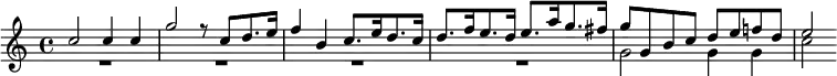 
\version "2.18.2"
\header {
  tagline = ##f
}

\score {
  \new Staff \with {
  }
<<
  \relative c' {
    \key c \major
    \time 4/4
    \override TupletBracket #'bracket-visibility = ##f 
    \autoBeamOff
    \set Staff.midiInstrument = #"trumpet"

     %%%%%%%%% Cavalli, 1656

           <<
                 \new Voice
                 \relative c''
                 {       \voiceOne 
                          c2 c4 c g'2 r8 c,8[ d8. e16] | f4 b, c8.[ e16 d8. c16] | d8.[ f16 e8. d16] e8.[ a16 g8. fis16] | g8 g, b c d e f! d e2
                 }

                 \new Voice
                 \relative c''
                 {      \voiceTwo          
                        R1*4 g2 g4 g c2
                 }
         >>
  }
>>
  \layout { indent = #0
    \context {
      \remove "Metronome_mark_engraver"
      \override SpacingSpanner.common-shortest-duration = #(ly:make-moment 1/2)
    }
  }
  \midi {     \tempo 4 = 140 }
}
