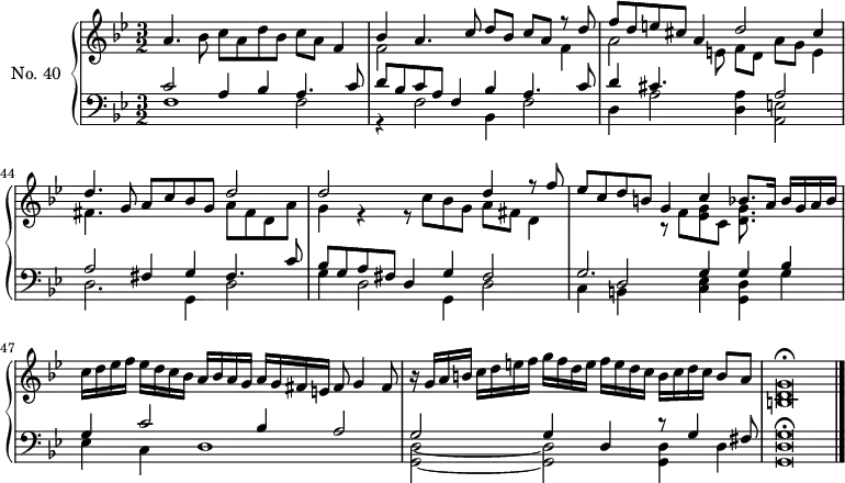 
\version "2.14.2"
\header {
  tagline = ##f
}
upper = \relative c'' {
  \clef treble 
  \key g \minor
  \time 3/2
  \tempo 2 = 72
  \autoBeamOff
  \set Score.currentBarNumber = #41

    a4. bes8 c[a d bes] c[a] f4
    << { bes4 a4. c8 d[bes] c[a] r8 d8 } \\ { f,2 s2 s4 f4 } >> 
    << { f'8[d e cis] a4 d2 cis4 } \\ { a2 s8 e8 f[d] a'[g] e4 } >>

    << { d'4. g,8 a c bes g d'2 } \\ { fis,4. s8 s2 a8 fis d a' } >> 
    << { d2 s2 d4 r8 f8 } \\ { g,4 r4 r8 c8 bes g a fis d4 } >> 
    << { ees'8 c d b g4 c bes8. a16 bes[g a bes] } \\ { s2 r8 f << g ees >> c << g'8. d8. >> } >>

    c'16[d ees f] ees[d c bes] a[bes a g] a[g fis e] fis8 g4 fis8 
    r16 g16[a b] c[d e f] g[f d e] f[e d c] b[c d c]   \tempo 2 = 62 b8[   \tempo 2 = 52 a]

   
    << g\breve d\breve b\breve \fermata >>

}

lower = \relative c {
  \clef bass
  \key g \minor
  \time 3/2

    << { c'2 a4 bes a4. c8 } \\ { f,1 f2 } >> 
    << { d'8 bes c a f4 bes4 a4. c8 } \\ { r4 f,2 bes,4 f'2 } >> 
    << { d'4 cis4. s8 s4 a2 } \\ { d,4 a'2 << a4 d,4 >> << e2 a,2 >> } >>

    << { a'2 fis4 g fis4. c'8 } \\ { d,2. g,4 d'2 } >> 
    << { bes'8 g a fis d4 g fis2 } \\ { g4 d2 g,4 d'2 } >> 
    << { g2. g4 g bes } \\ { c,4 b s4 << ees c >> << d g, >> g' } \\ { s4 d2 } >>

    << { g4 c2 bes4 a2 } \\ { ees4 c d1 } >> 
    << { g2 g4 d r8 g4 fis8 } \\ { << d2~ g,2~ >> << d'2 g,2 >> << g4 d'4 >> d } >> 
    \cadenzaOn
    << g\breve d\breve g,\breve \fermata >>
    \bar "|."
}

\score {
  \new PianoStaff <<
    \set PianoStaff.instrumentName = #"No. 40"
    \new Staff = "upper" \upper
    \new Staff = "lower" \lower
  >>
  \layout {
    \context {
      \Score
      \remove "Metronome_mark_engraver"
    }
  }
  \midi { \set Staff.midiInstrument = #"harpsichord" }
}
